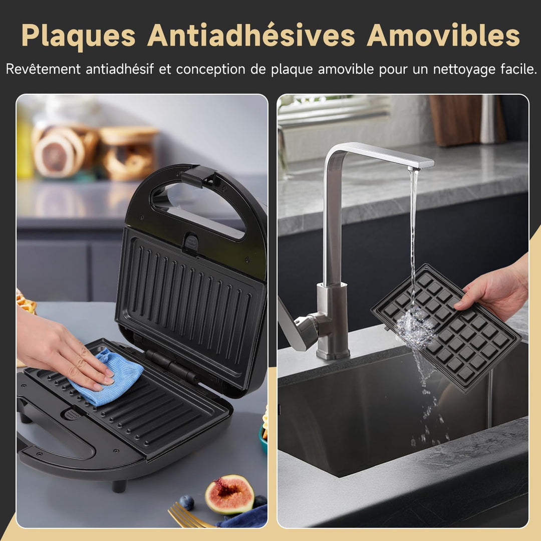 Gaufrier 3 en 1 Sandwich et Panini 750 W