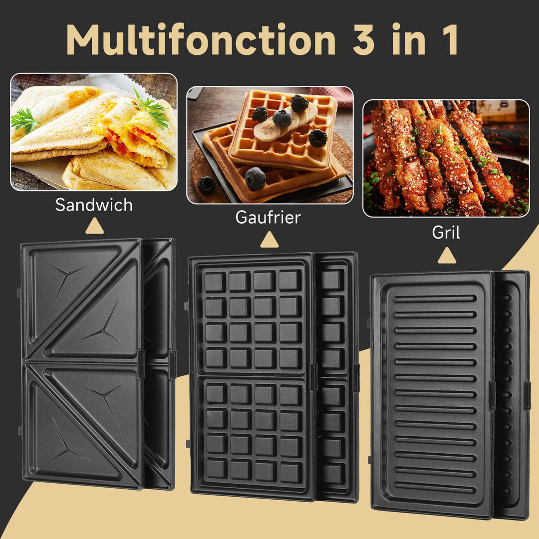 Gaufrier 3 en 1 Sandwich et Panini 750 W